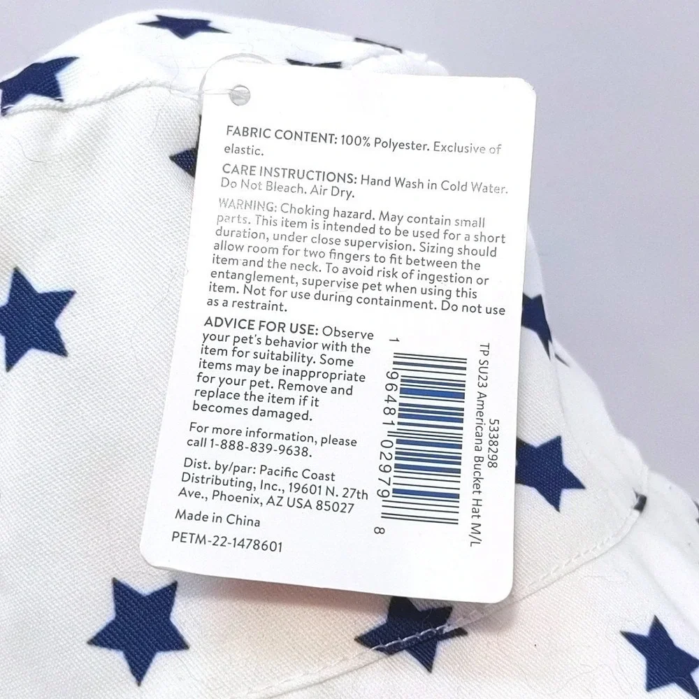 Top Paw Americana Dog Bucket Hat M/L White Blue‎ Stars 4th of July Pet Accessory